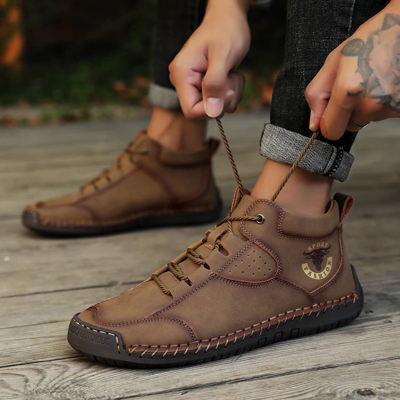 New Arrival Large Size Genuine Leather Handmade High Top Casual Leather Shoes