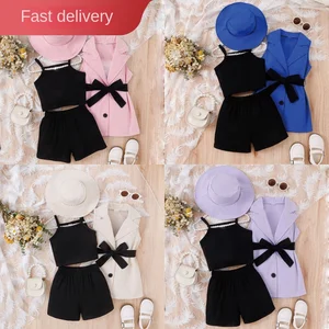 Girls' Blazer Set Casual Style with Belted Lapel Blazer Jacket Black Vest Shorts Sun Hat-4pcs Outfit Suit Clothes for Kids