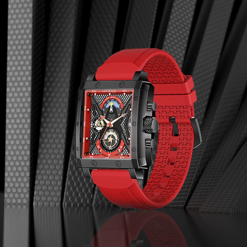 Lige 8965 Luxury Red Fashionable Quartz Watch Rubber Strap Moon Phase 24H Display Chronograph Leisure  Automatic Concept Watch