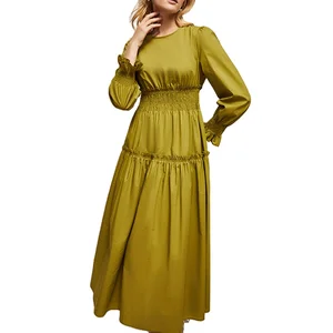 Custom Stylish Style Crew Neck Full Sleeve Plain Color Casual Women Ball Gown Elegant Cotton Beach Dresses