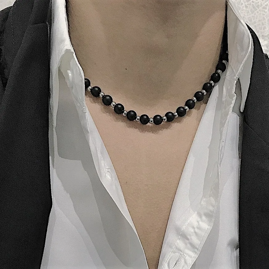 VAF 45CM Black Glass Pearl Silver Steel Ball Link Choker Necklace