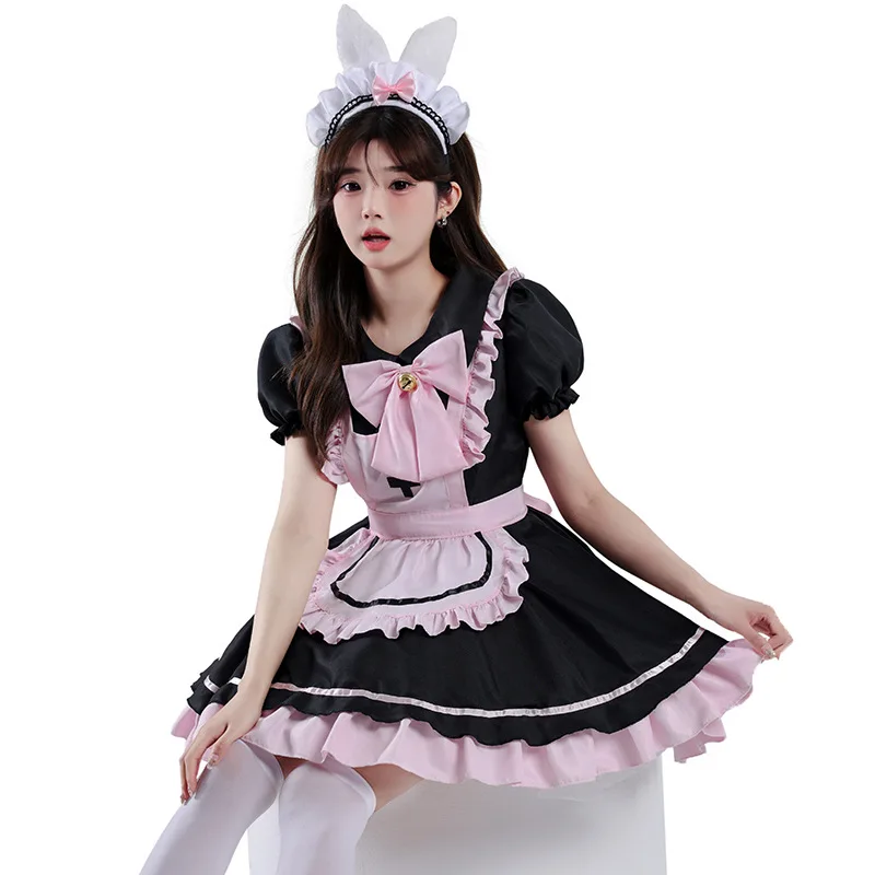Japanese Style Lolita Maid Outfit New Black Pink Cosplay Dress For ...