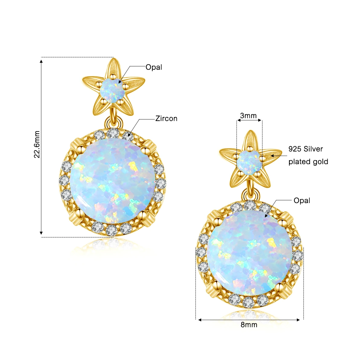 Factory Custom Trendy High Quality Real 925 Silver Jewelry Wholesale Women Birthstone Gemstone 18K Gold Opal Studs Earring