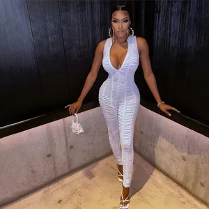 V Neck Skinny Jumpsuit Sleeveless Sheer Ladies Jumpsuits Ruched Mesh Bodycon Jumpsuit
