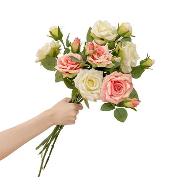 Wholesale Double-Headed Rose Artificial Flower Single Branch Green Plant INS Cross-Border Wedding Decorations Factory Supply