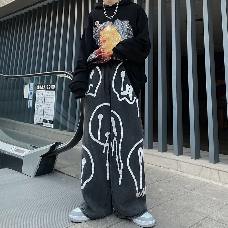 Ins Style Retro Dark Print Graffiti Paint Unisex Jeans Casual Wide Leg Jean Trouser for Ladies Latest