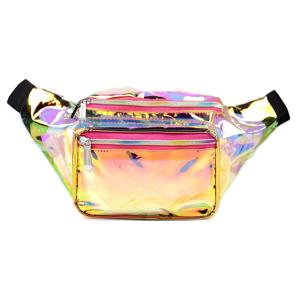 iSPECLE Holographic Waist Bag for Rave Concert Party Women Men Gold Fanny Pack 