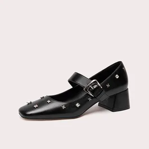 Fashionable Square Toe Mary Jane Pumps with Metal Studs Women's Block Heel Dress Shoes