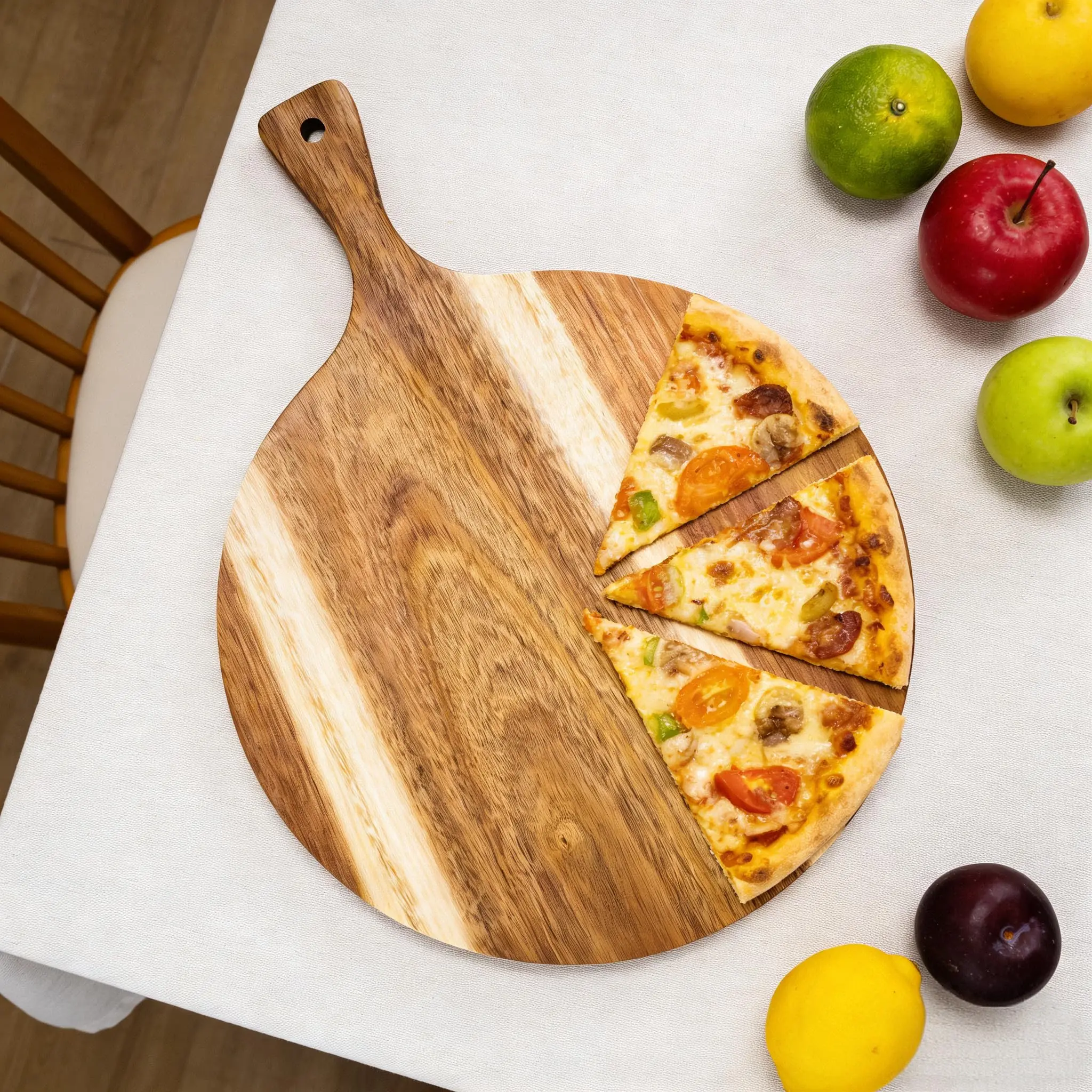 product custom round acacia wood cutting board with handle pizza peel serving tray charcuterie board for kitchen cheese bread meat-9