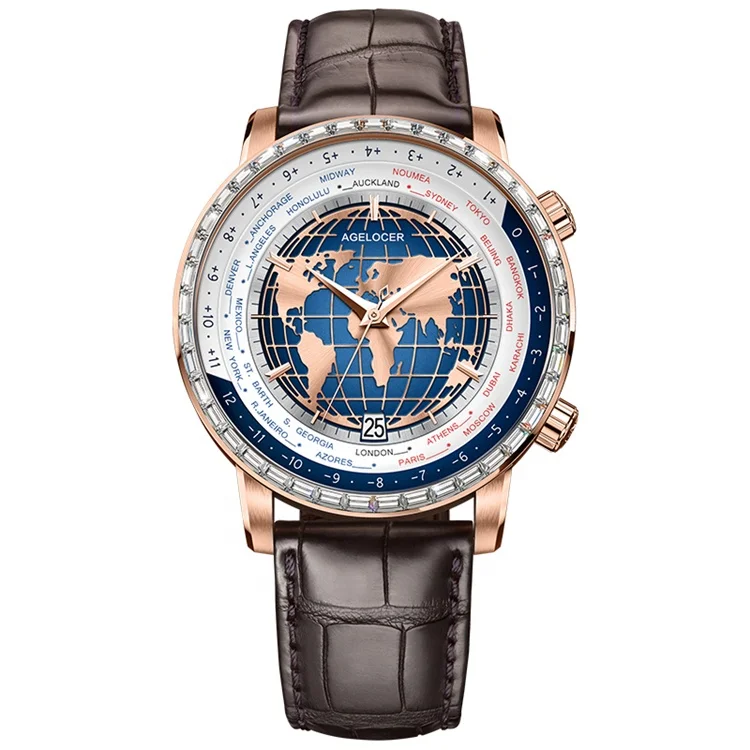 AGELOCER Original World Time Watch Men Gold Watch Business Formal Automatic Mechanical Watch Diamond Watch Birthday Gift for Men