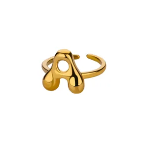 MW Stainless Steel Waterproof Shiny A-Z Gold Plated 26 Letter Alphabet Puff Balloon Initial Open Rings Trendy Wedding Engagement