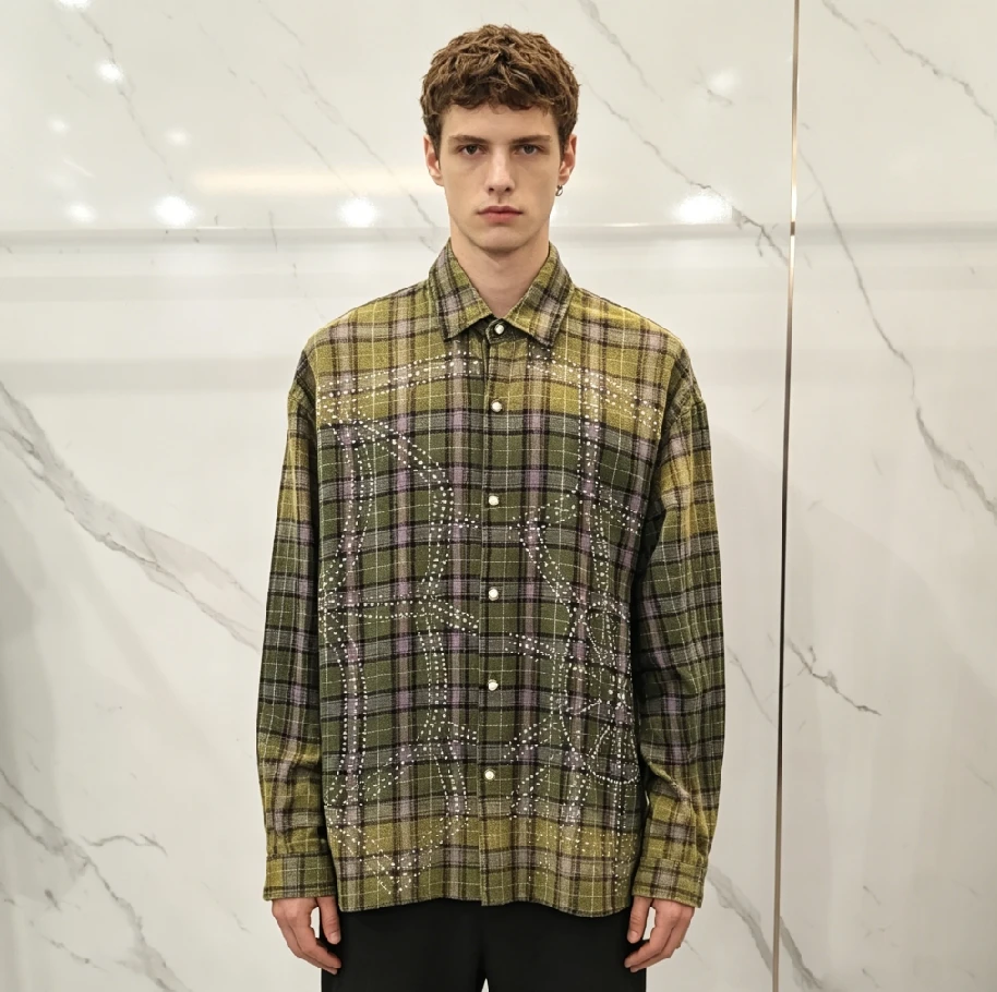 Custom 100% Cotton Flannel Plaid Vintage Men's Flannel Shirt Long Sleeve Logo Streetwear Rhinestone 3D Pattern Casual Shirts