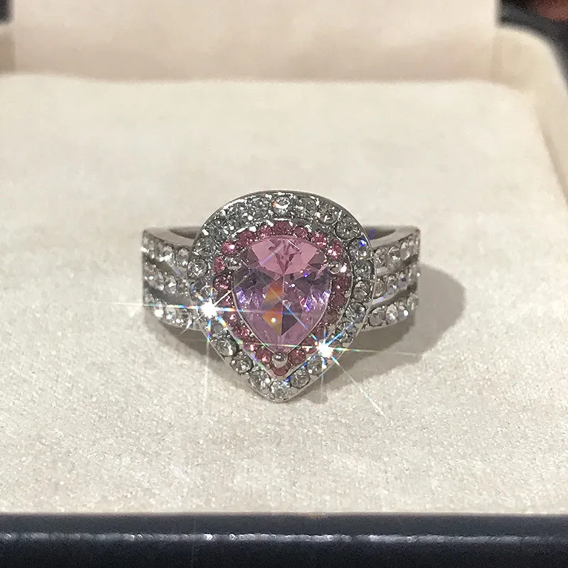 Caoshi Unique Water Drop Design Three Layers Pink Stone Ring for Girls Shiny Women Pink Diamond Ring