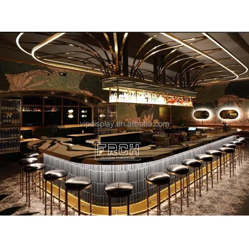 Oem Western Style Simple Service Checkout Marble Top  Wooden Curved Bar Reception Counter Design Divider Bar