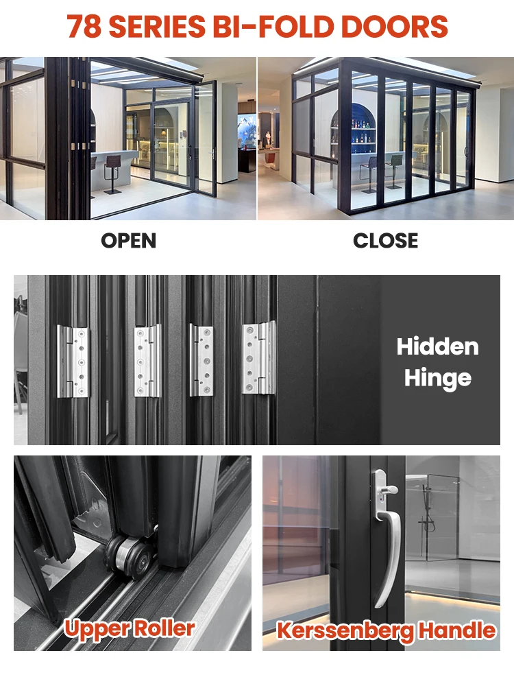 Porta externa de alumínio à prova de furacões, varanda, pátio, vidro à prova de som, jardim, porta dobrável de alumínio 13