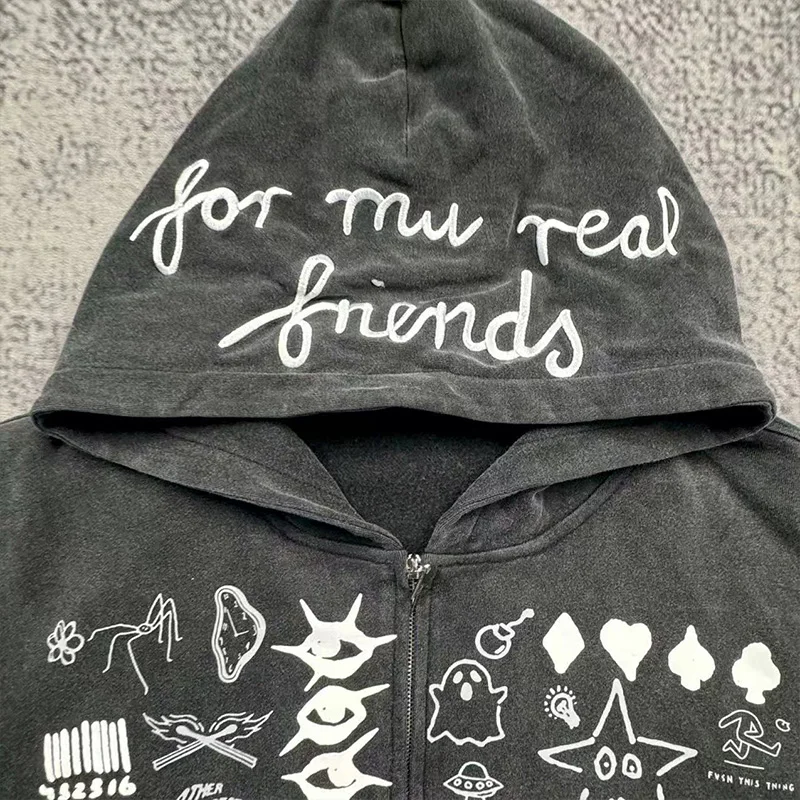 Customized Winter Casual Set Embroidered Knitted Sweatwear Suit with Washed Hoodie and Pickled Flared Pants Zippered Design