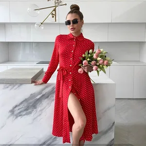 Latest Women's Clothing Waist Cinching Ribbon Polka Dot Long Sleeve Retro Shirt Dress Daily Commute Women's Casual Dress