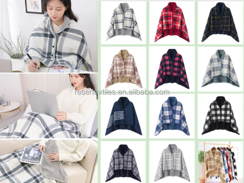 Modern Comfortable Lightweight Oversized Plaid Fleece Knitted Anti-Dust Mite 100% Polyester Poncho Throw Button Wearable Blanket