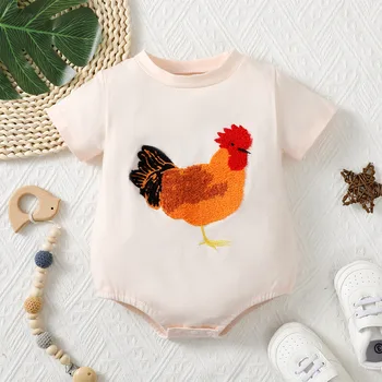 Infant neutral summer towel embroidery Rooster short sleeved romper