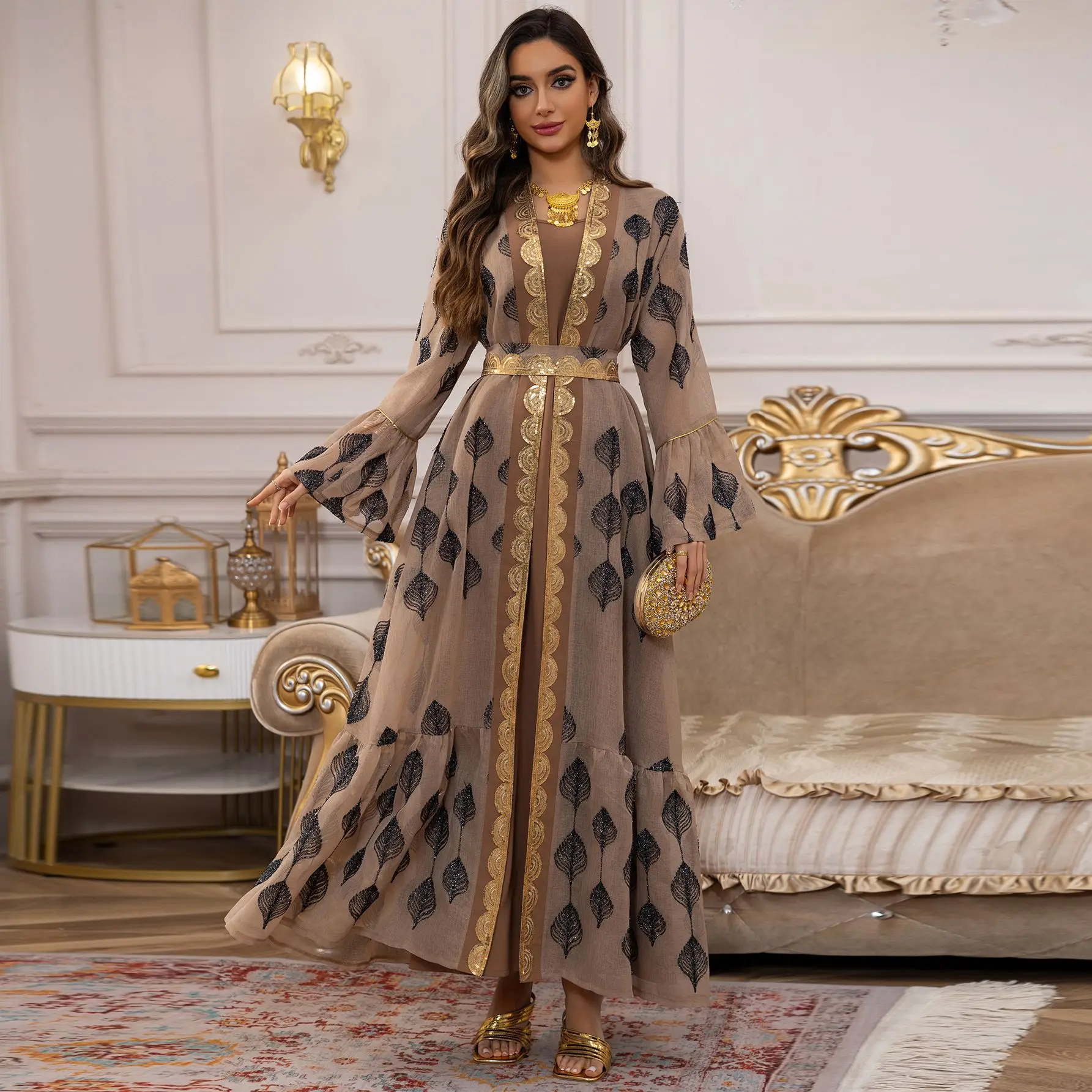 Zifeng OEM Fashion Middle Eastern Muslim Arab Dubai Ladies Mesh Embroidered  Dress Robe Set