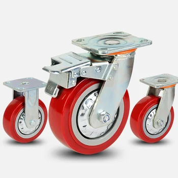 Wholesales 4 5 6 8 inch PU Polyurethane universal wheel Red industrial Heavy Duty Caster Wheels with side brake