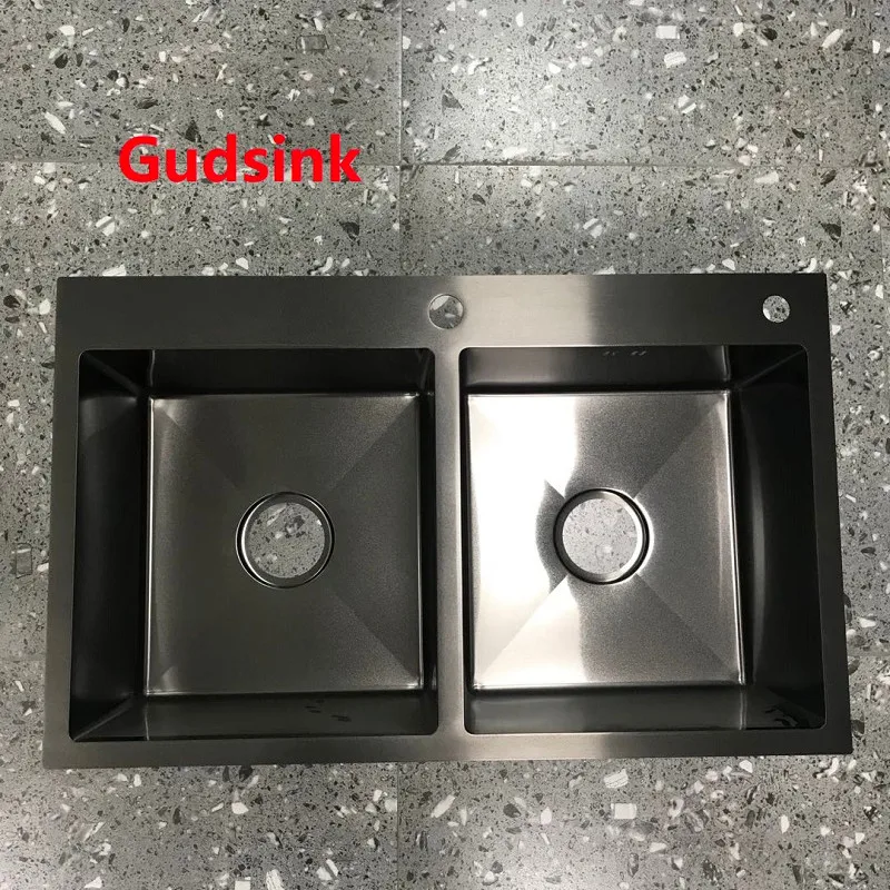 Gudsink 6045 Single Above Counter Farmhouse Sink Nano Sink Black Basin Stainless Steel Handmade Undermount Kitchen Sink Modern