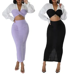 Customize Eco-friendly Skinny Fit Fashion Spring Autumn Clothing Boutique Long Sleeved Solid Short Tank Short Skirt 2 Piece