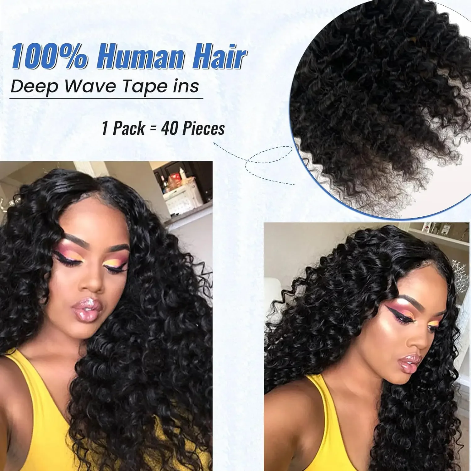 Dybvandsbølge Tape-in hårextensions 100% ægte menneskehår naturligt sømløst naturligt sort usynligt krøllet tape-in til kvinder_voghion.com