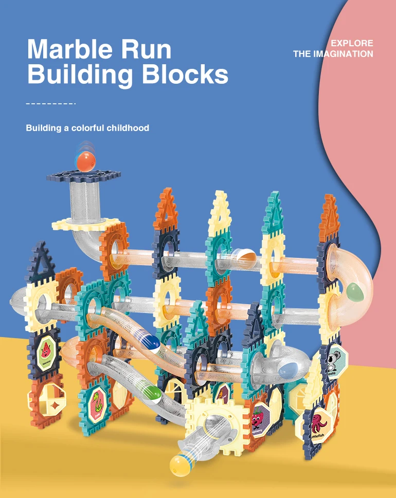 Creative DIY Toy Construction Marble Race Run Track Building Blocks Toy, Color Building Blocks Marble Run DIY Blocks