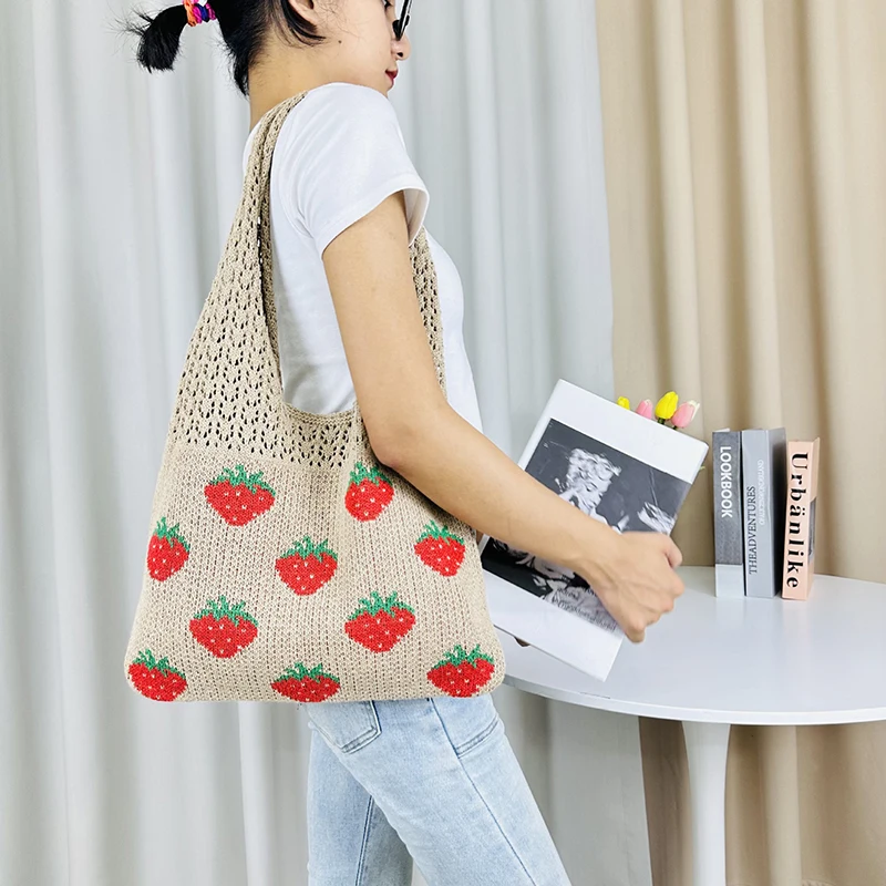 Korean Knitted Cute Strawberry Out Shoulder Beach Bag