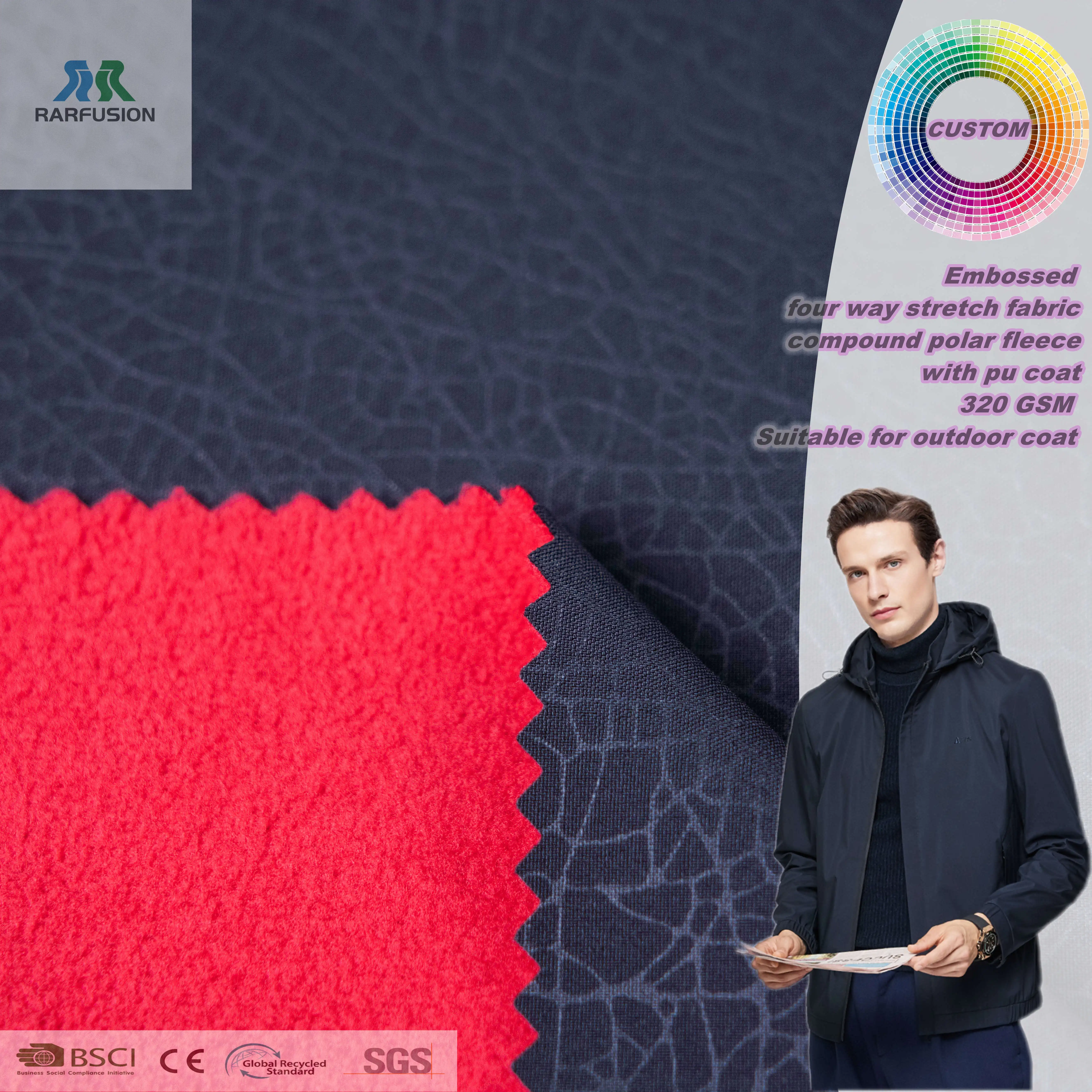 Factory Wholesale Light Weight Custom Color 100% Polyester Super Soft Embossed 4 Way Stretch Composite Polar Fleece for Jacket