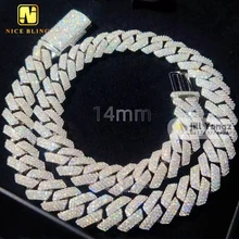 14mm Monaco Chain Moissanite Chain 3 Rows Hip Hop Rock 925 Silver Moissanite Cuban Bracelet 18K Gold plated Necklace