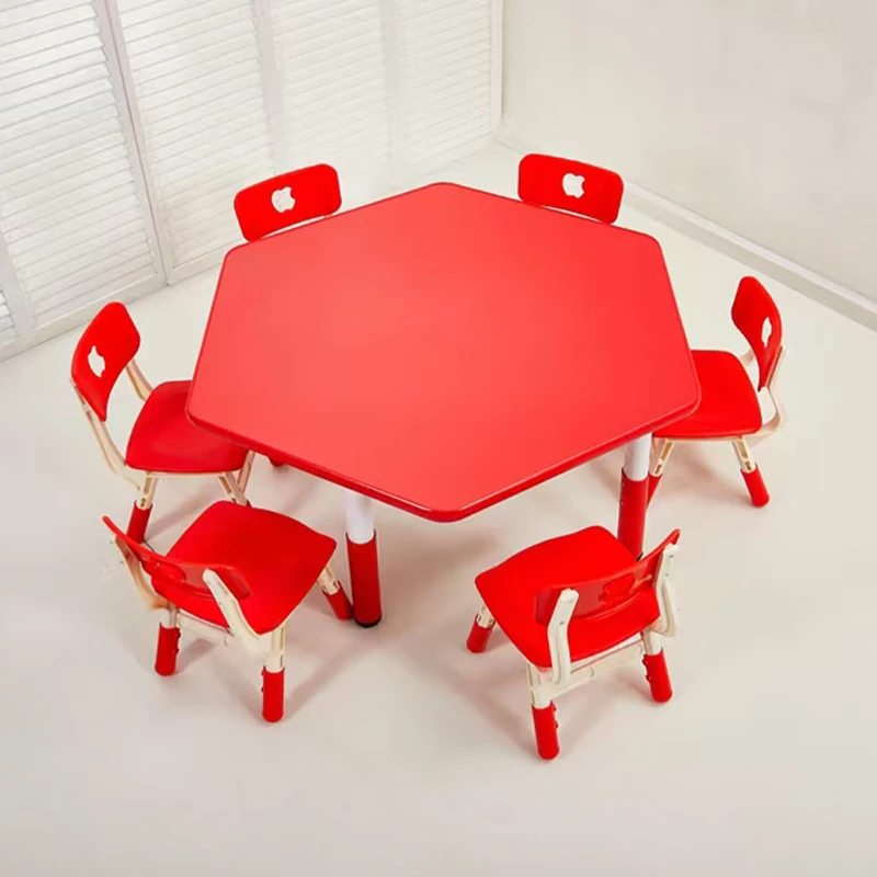 Durable Hexagon Plastic Tables Chair Set Ergonomic Nursery School Desks for Kindergarten Multi-Color Wood Furniture for Kids