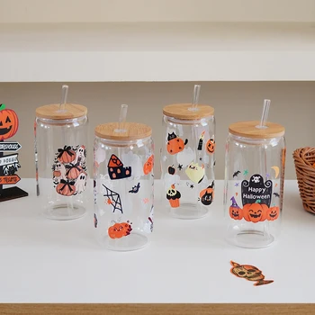 1pc Halloween Glass with Lid and Straw Spooky Bat and Ghost Design Glass Suitable for Home Drinking Use Summer Iced Beverage Cup