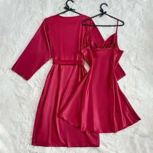 European American Cross-Border Long Camisole Nightdress Coat Sexy Satin Homewear Set Elastic Waist Elegant Summer