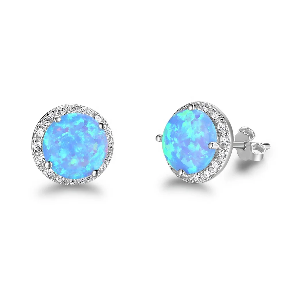 Blue opal stud earrings in sterling silver 925 with Greek design