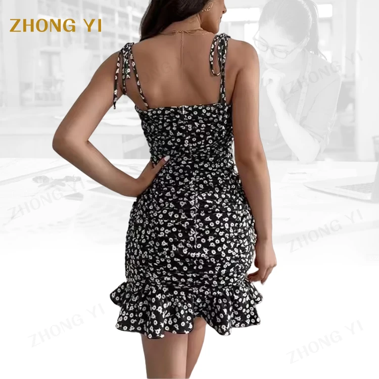 Custom 2026 Fashion Frock Lady Elegant Summer Floral Knee Length Pleated Spaghetti Strap Ladies Mini Dresses for Women