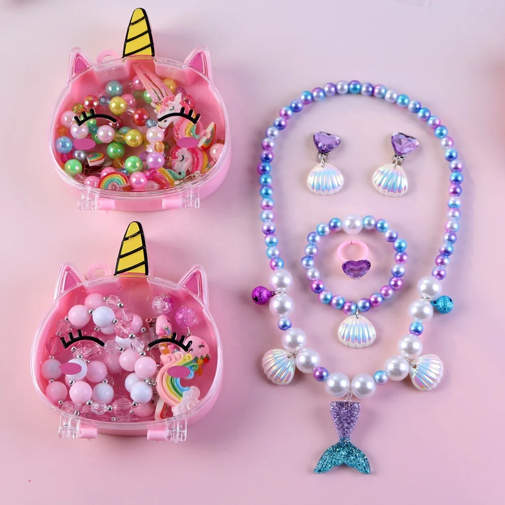 Girl Pearl Necklace Jewelry Unicorn Ring Children's Jewelry Box