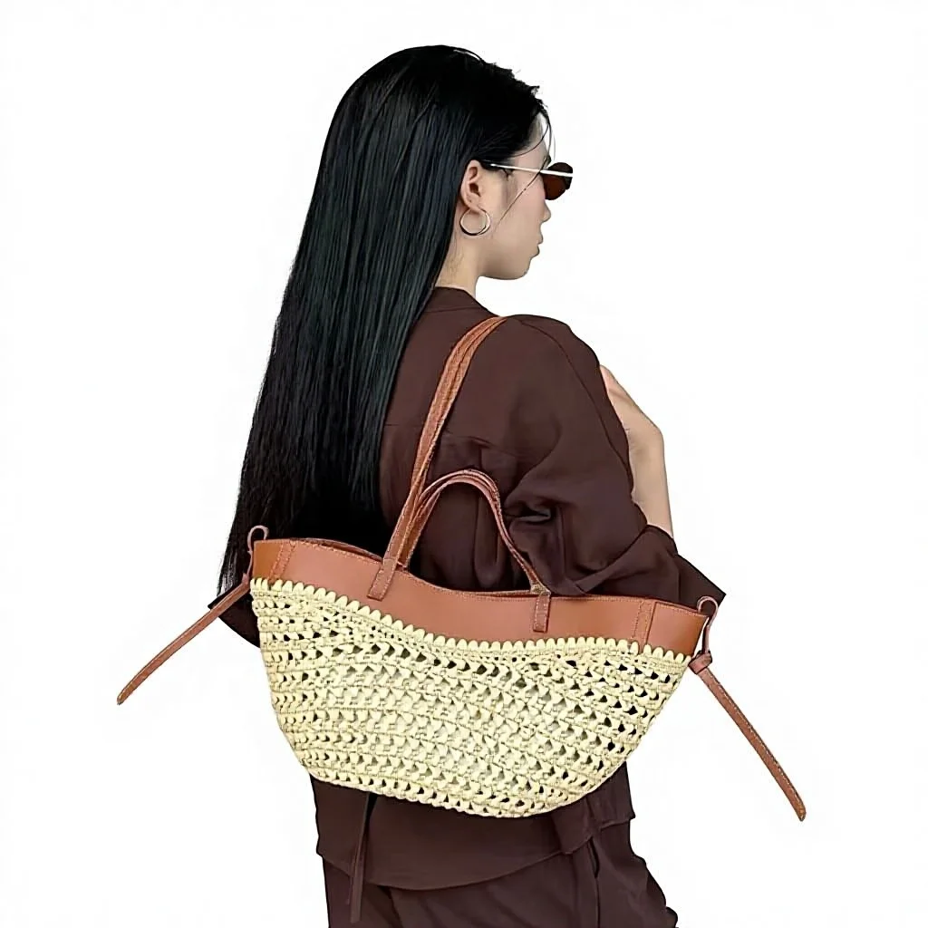 Seaside Vacation Straw Bag Large Capacity Woven Tote Bag Portable Single Shoulder Vegetable Basket Handbag