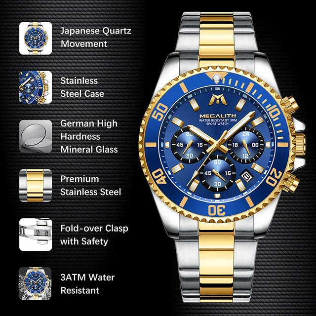 Montre MEGALITH Business Mens Watches Steel Gents Luxury Waterproof Chronograph Watch Top Brand Sports Quartz Wristwatch - Image 3