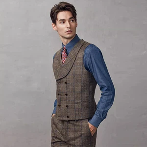 Brown Tweed Vintage Double-Breasted Jacket for Men Exquisite Business Wedding Attire Breathable Undershirt Gentleman Casual