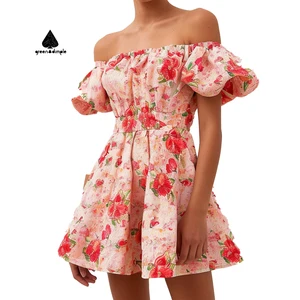 Women Off Shoulder Red Floral Mini Dress Puff Sleeves Ruched Waist Flared Hem Sweet Lightweight Woven Printed Casual Dress