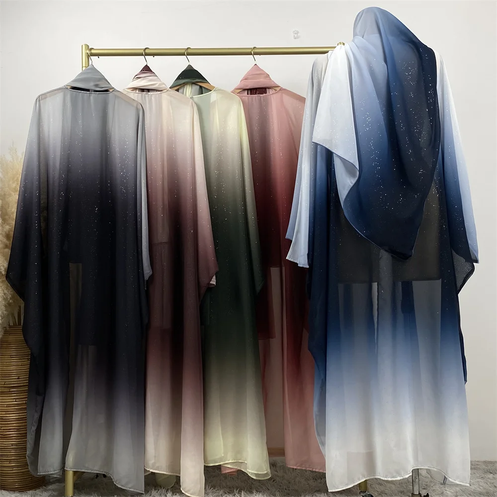 67501# Abaya Manufacturer New Arrival Ombre Silver Shiny Glitter Star Sky  Abaya With Hijab Dubai Qatar Open Abayas Colors