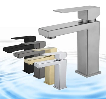 304 Stainless Steel Square Satin Nickel Brushed Bathroom Sanitary Ware Hot and Cold Mixer Sink Water Taps Basin Faucet