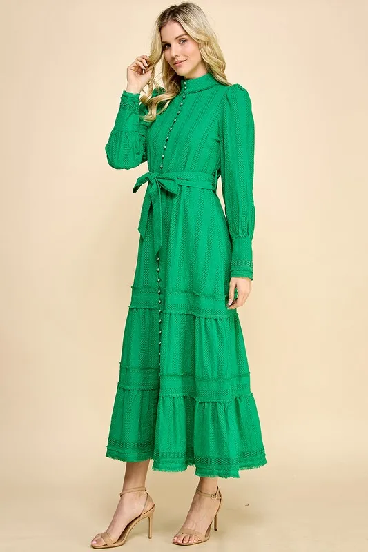 Elegant Vintage 100% Cotton Embroidered Long Dress Natural Waistline Woven Weave Lace Decoration - Image 3