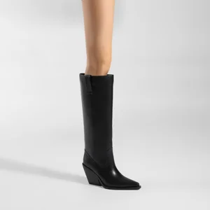 Moncheer Women's Black Wedge Heel Western Boots Pointed Toe Knee-High Cowboy Boots
