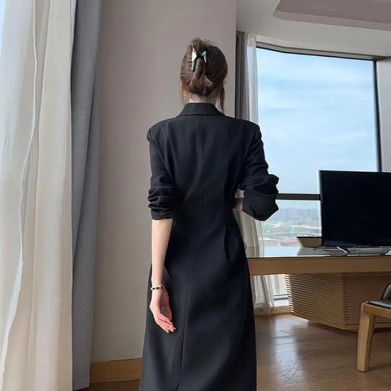 Ohsisa New Arrival Women Korean Suit Dress V-neck Button Decor Long Sleeve Dresses Lady Elegant Black Casual Midi Long Dress Ohsisa New Arrival Women Korean Suit Dress V-neck Button Decor Long Sleeve Dresses Lady Elegant Black Casual Midi Long Dress