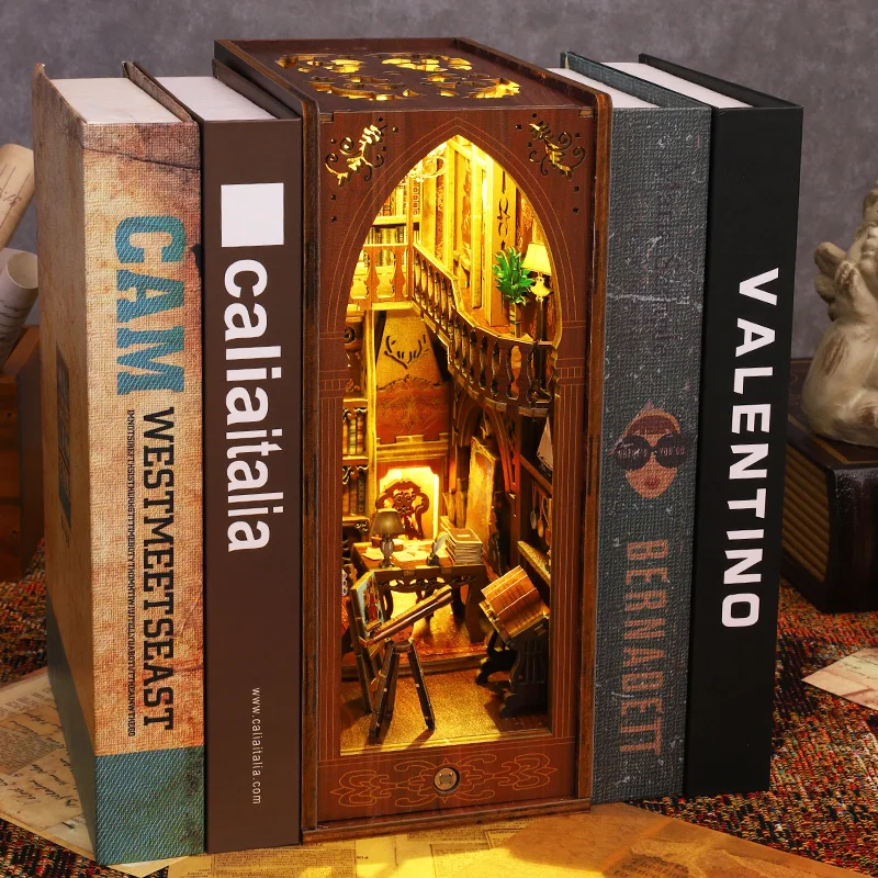 Book Nook Custom 3d Wooden Puzzle Bookend Diy Miniature House Booknook Shelf Insert Library Book Nook Kit Building Block