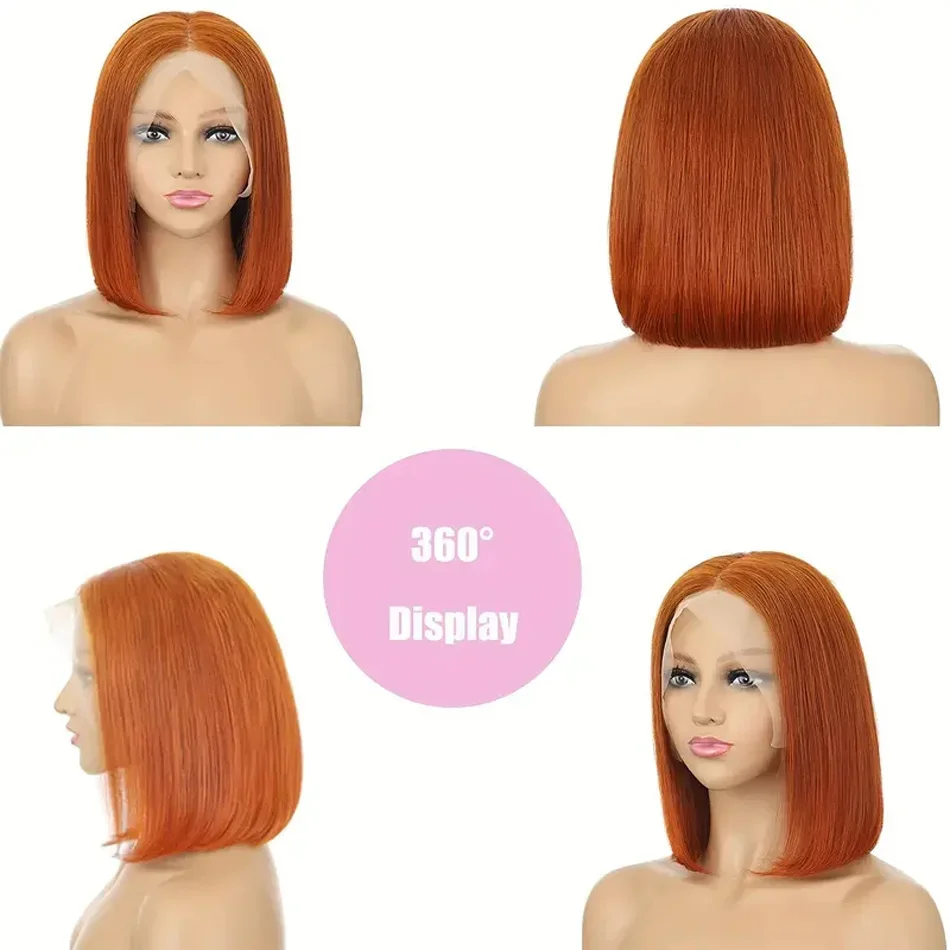 Kurze Bob Echthaar Lace Frontal Perücke Ingwer Orange Brasilianisches Remy für Frauen Täglich_voghion.com