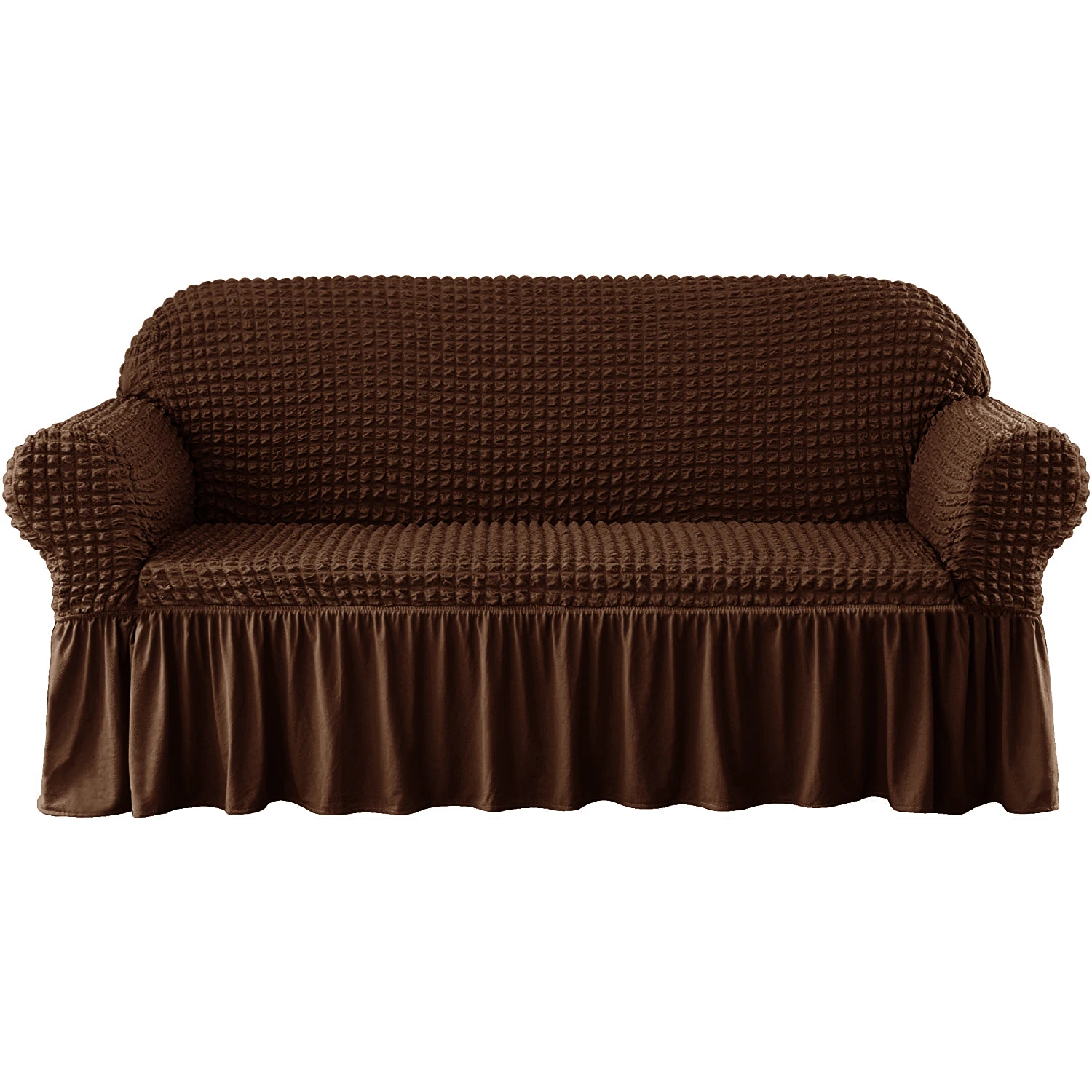 Крышка двухместная. Чехол диван с оборкой Картекс. Чехол на двухместный диван с подлокотниками. Чехол на диван шоколад. Чехол на диван коричневый.